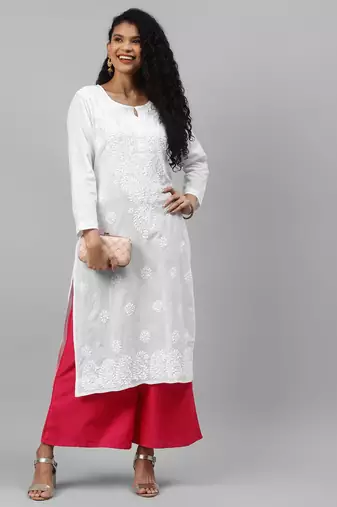 Hand embroidered white cotton lucknowi chikankari straight kurta