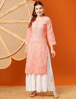 Hand embroidered peach cotton lucknowi chikankari straight kurta 1