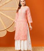Hand embroidered peach cotton lucknowi chikankari straight kurta