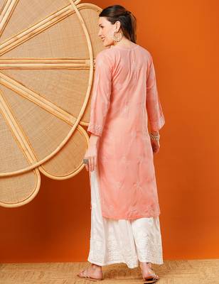 Hand embroidered peach cotton lucknowi chikankari straight kurta 2