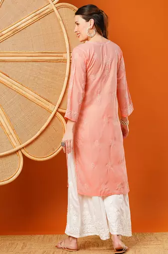 Hand embroidered peach cotton lucknowi chikankari straight kurta