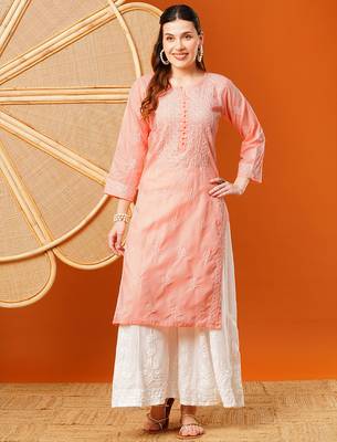 Hand embroidered peach cotton lucknowi chikankari straight kurta 3