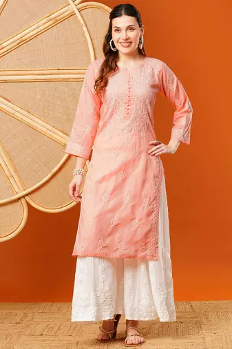 Hand embroidered peach cotton lucknowi chikankari straight kurta