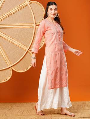 Hand embroidered peach cotton lucknowi chikankari straight kurta 4