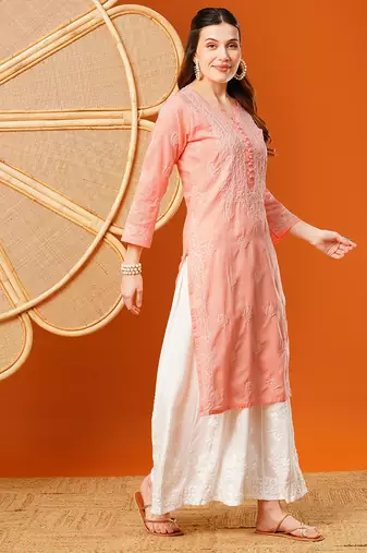 Hand embroidered peach cotton lucknowi chikankari straight kurta