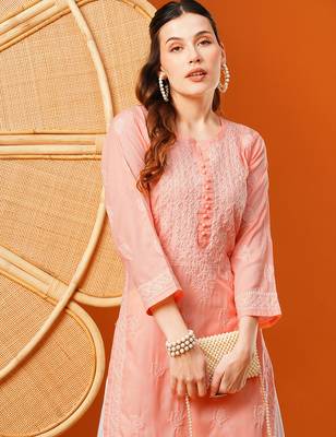 Hand embroidered peach cotton lucknowi chikankari straight kurta 5