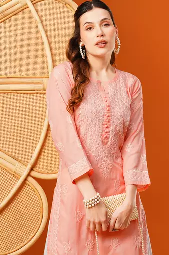 Hand embroidered peach cotton lucknowi chikankari straight kurta