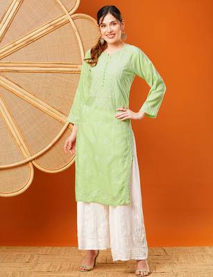 Hand embroidered green cotton lucknowi chikankari straight kurta 1