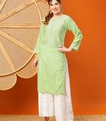 Hand embroidered green cotton lucknowi chikankari straight kurta