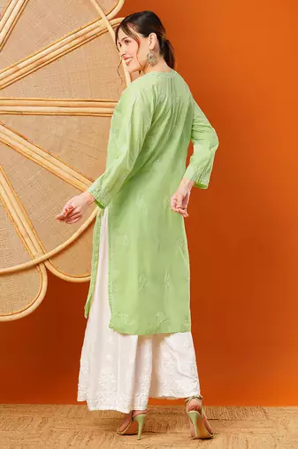 Hand embroidered green cotton lucknowi chikankari straight kurta