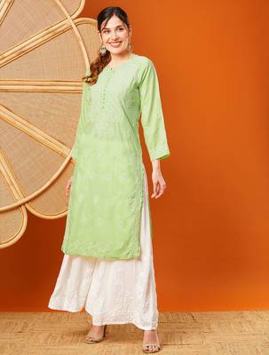 Hand embroidered green cotton lucknowi chikankari straight kurta 3