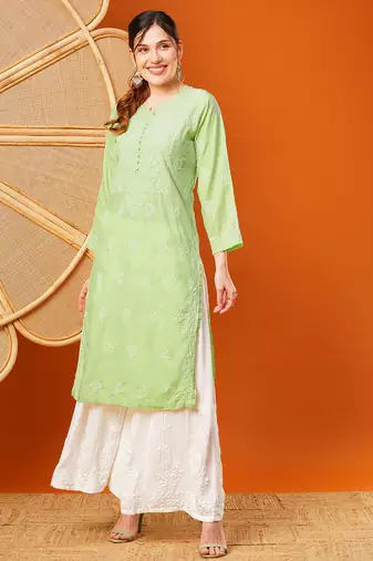 Hand embroidered green cotton lucknowi chikankari straight kurta