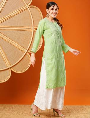 Hand embroidered green cotton lucknowi chikankari straight kurta 4