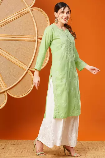 Hand embroidered green cotton lucknowi chikankari straight kurta