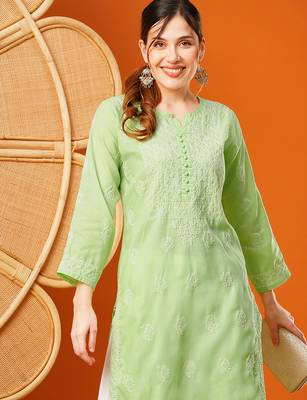 Hand embroidered green cotton lucknowi chikankari straight kurta 5