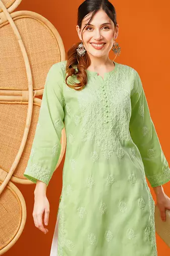 Hand embroidered green cotton lucknowi chikankari straight kurta
