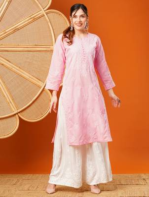 Hand embroidered pink cotton lucknowi chikankari straight kurta 1