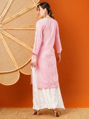 Hand embroidered pink cotton lucknowi chikankari straight kurta 2