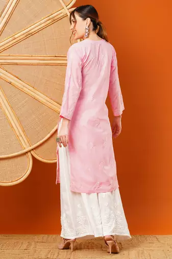 Hand embroidered pink cotton lucknowi chikankari straight kurta