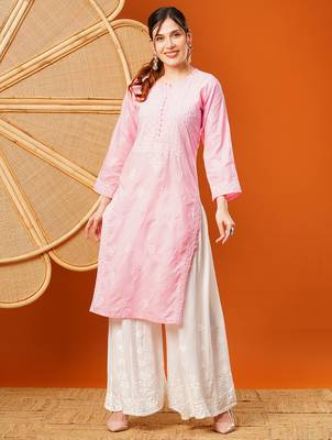 Hand embroidered pink cotton lucknowi chikankari straight kurta 3