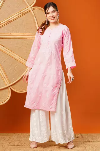 Hand embroidered pink cotton lucknowi chikankari straight kurta