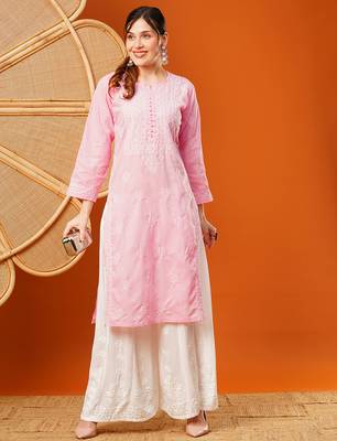 Hand embroidered pink cotton lucknowi chikankari straight kurta 4
