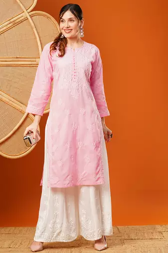 Hand embroidered pink cotton lucknowi chikankari straight kurta