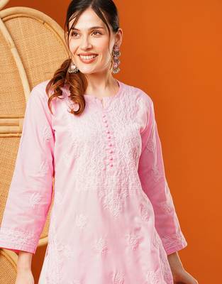 Hand embroidered pink cotton lucknowi chikankari straight kurta 5
