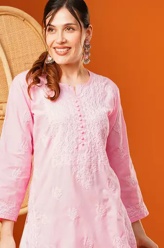 Hand embroidered pink cotton lucknowi chikankari straight kurta