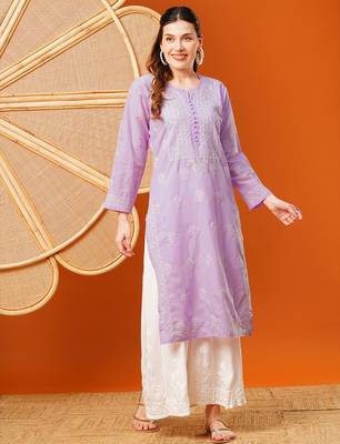 Hand embroidered lavender cotton lucknowi chikankari straight kurta 1