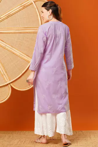 Hand embroidered lavender cotton lucknowi chikankari straight kurta