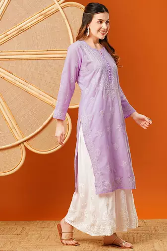 Hand embroidered lavender cotton lucknowi chikankari straight kurta