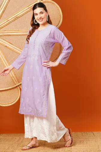 Hand embroidered lavender cotton lucknowi chikankari straight kurta