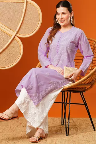 Hand embroidered lavender cotton lucknowi chikankari straight kurta