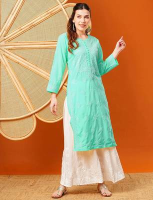 Hand embroidered sea green cotton lucknowi chikankari straight kurta 1