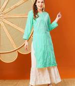 Hand embroidered sea green cotton lucknowi chikankari straight kurta