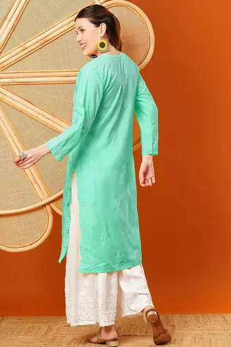 Hand embroidered sea green cotton lucknowi chikankari straight kurta
