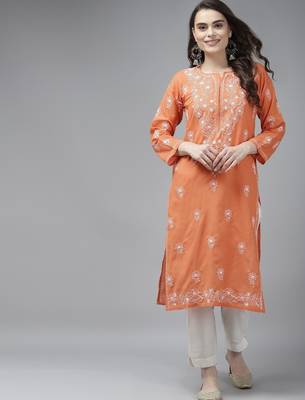 Hand embroidered rust cotton lucknow chikan straight kurta 1