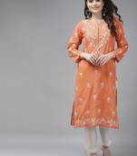 Hand embroidered rust cotton lucknow chikan straight kurta