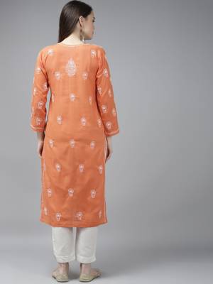 Hand embroidered rust cotton lucknow chikan straight kurta 2