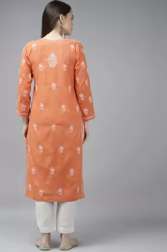 Hand embroidered rust cotton lucknow chikan straight kurta