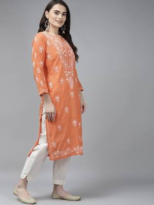 Hand embroidered rust cotton lucknow chikan straight kurta 3