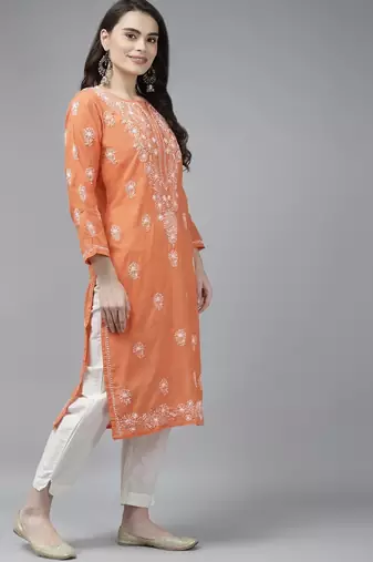 Hand embroidered rust cotton lucknow chikan straight kurta