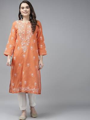 Hand embroidered rust cotton lucknow chikan straight kurta 4