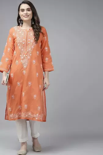 Hand embroidered rust cotton lucknow chikan straight kurta
