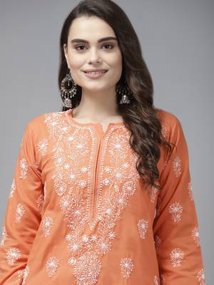 Hand embroidered rust cotton lucknow chikan straight kurta 5