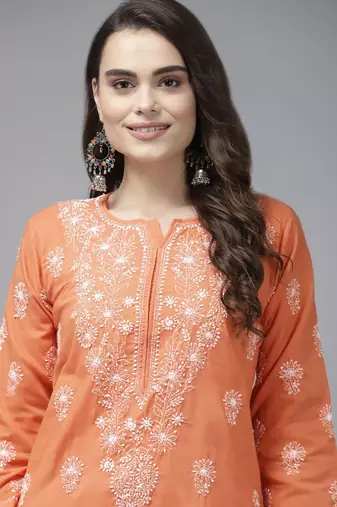 Hand embroidered rust cotton lucknow chikan straight kurta