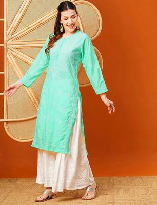 Hand embroidered sea green cotton lucknowi chikankari straight kurta 3