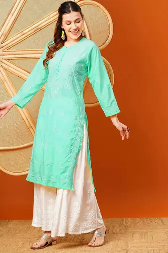 Hand embroidered sea green cotton lucknowi chikankari straight kurta