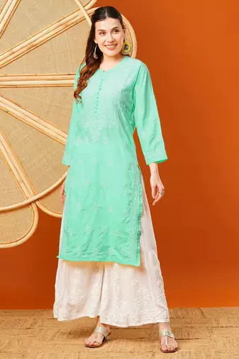 Hand embroidered sea green cotton lucknowi chikankari straight kurta
